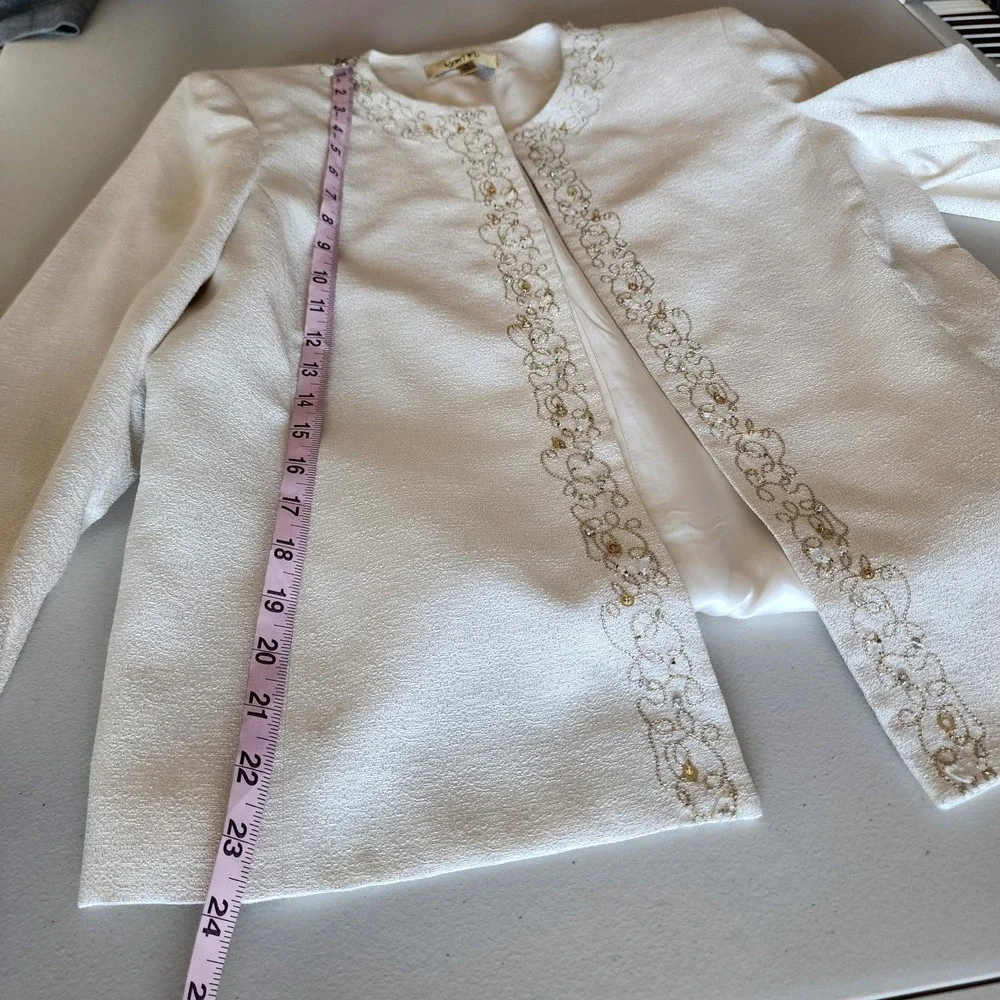Vintage Kasper 3pc Skirt Suit Womens 10 Cream Jacket Shell Skirt Beading Wedding